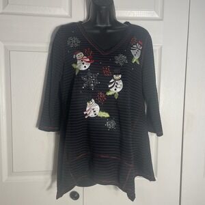 Onque Casual Christmas Shirt Women L Black Striped Rhinestones Snowman Snowflake